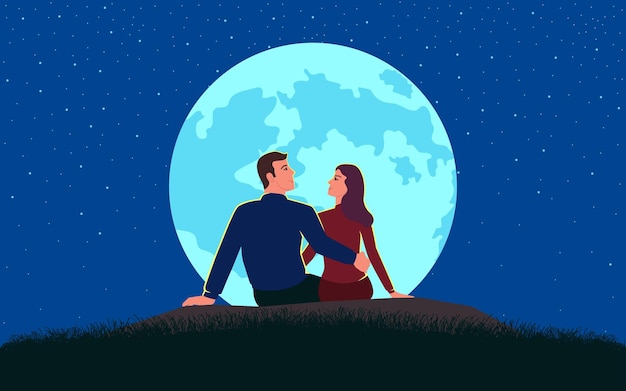 Vector cartoon flat couple lover full moon grass