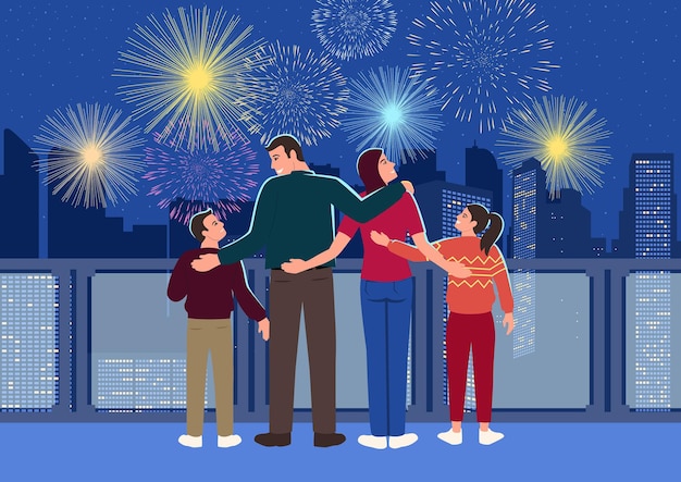 Vector cartoon flat family terrace fireworks