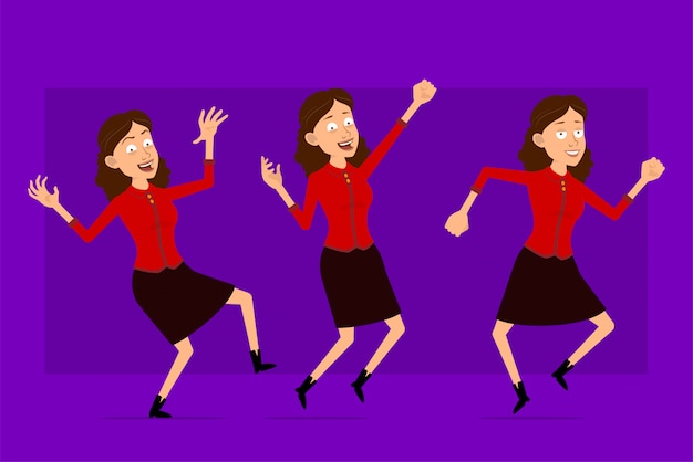 Cartoon flat funny cute business woman character in red shirt. Ready for animations. Rock and roll girl jumping and dancing. Isolated on violet background. Big icon set.