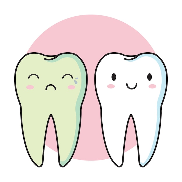 Cartoon flat illustration of smiling white tooth and crying teeth with caries Cute baby kawaii tooth Vector illustration