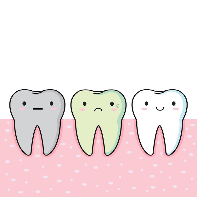 Cartoon flat illustration of smiling white tooth and crying teeth with caries Cute baby kawaii tooth Vector illustration