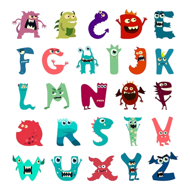 Cartoon flat monsters alphabet big set