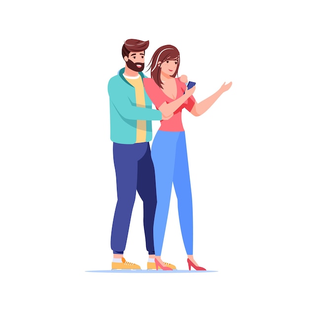 Cartoon flat style characters couple making selfie illustration