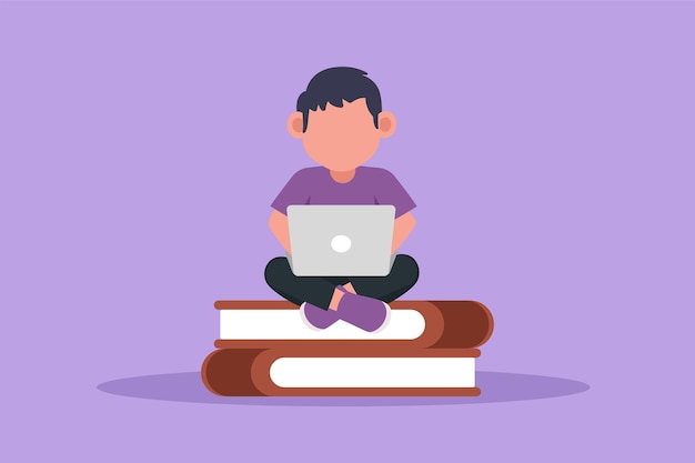 Cartoon flat style drawing adorable little boy typing on laptop computer on his lap and sitting on pile of big book Student studying online learning or education Graphic design vector illustration