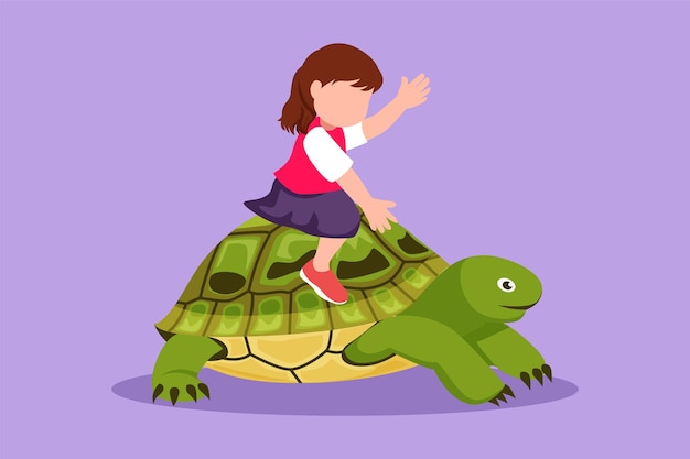 Cartoon flat style drawing adorable little girl riding sea turtle Happy child sitting on back tortoise with fins diving in beach Cute kids learning to ride turtle Graphic design vector illustration