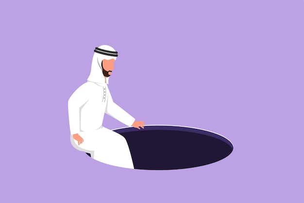 Cartoon flat style drawing Arab businessman descends into the hole Concept of failure to take advantage of business opportunities Depressed and business failure Graphic design vector illustration