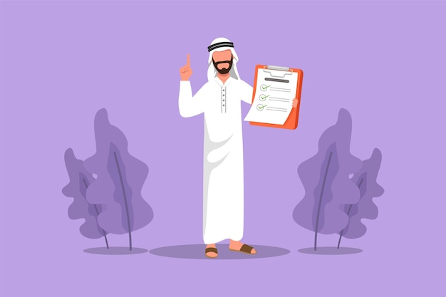 Cartoon flat style drawing Arab businessman standing holding clipboard and pointing index finger up Active person keeping file pad in hand Success business idea Graphic design vector illustration