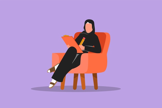 Cartoon flat style drawing Arab businesswoman writing on clipboard Pretty female executive sitting in armchair Success woman taking notes Psychology consultation Graphic design vector illustration