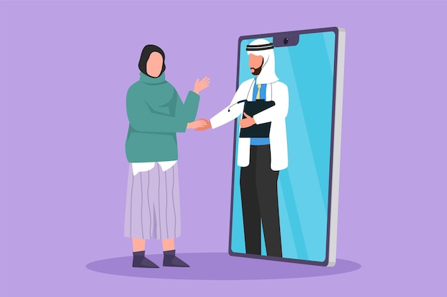 Cartoon flat style drawing Arab female patient standing and shaking hand with male doctor coming out of smartphone and hold clipboard Online medical consultation Graphic design vector illustration