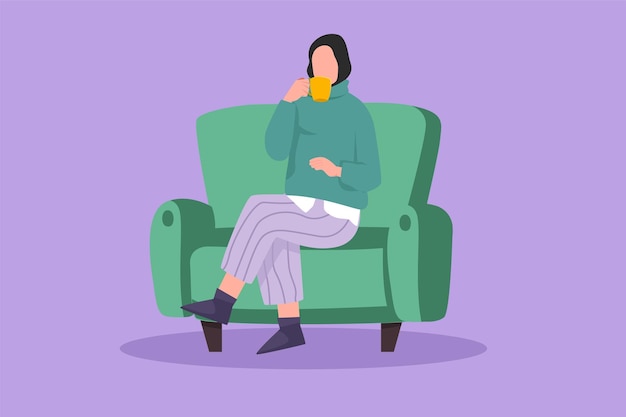 Cartoon flat style drawing Arab female relaxing on comfortable couch with coffee or tea cup in hands Woman enjoy weekend at home sitting in fashionable furniture Graphic design vector illustration