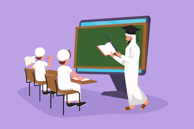 Cartoon flat style drawing Arab male teacher standing in front of monitor screen holding book and teaching two junior high school student sitting on chair near desk Graphic design vector illustration