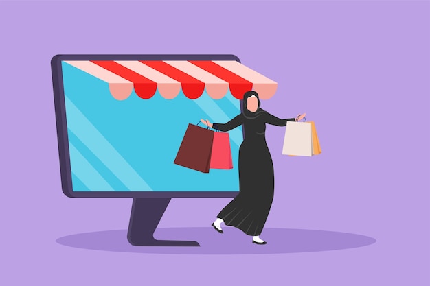 Cartoon flat style drawing Arab woman coming out of monitor screen holding shopping bags Sale digital lifestyle and consumerism concept Online store technology Graphic design vector illustration