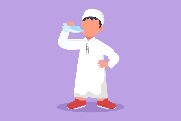 Cartoon flat style drawing Arabian little boy standing while holding and enjoying bottle of fresh milk to fulfill his body nutrition Child or kid health and growth Graphic design vector illustration