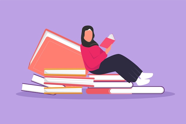 Cartoon flat style drawing Arabian woman reading learning and sitting on pile of big books Study in library Literature lovers smart student education concept Graphic design vector illustration