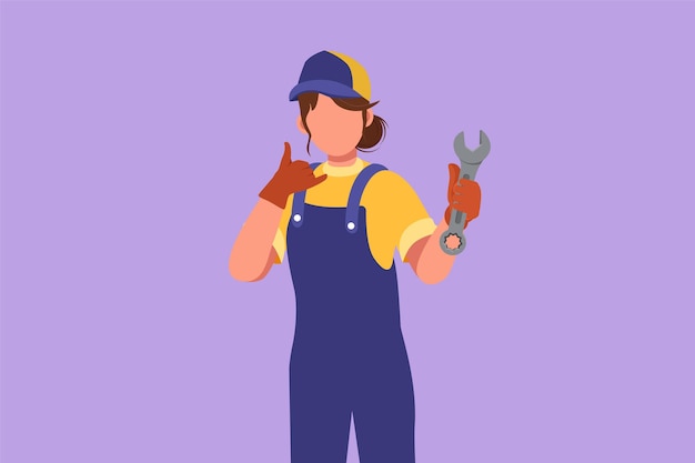 Vector cartoon flat style drawing attractive female mechanic holding wrench with call me gesture and ready to perform maintenance on the vehicle engine or transportation graphic design vector illustration