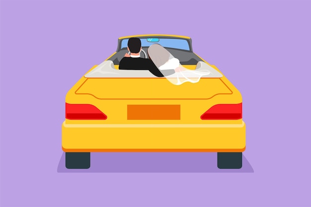 Cartoon flat style drawing back view of loving couple sitting and hugging in convertible car Man and woman getting ready for wedding Engagement and love relations Graphic design vector illustration