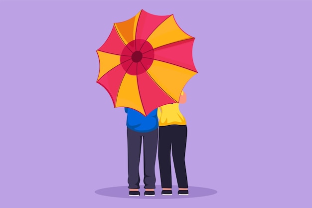 Cartoon flat style drawing back view of young couple man and woman cute girl and boy walking holding umbrella under rain Romantic couple at rainy autumn weather Graphic design vector illustration