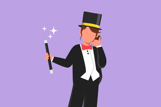 Cartoon flat style drawing beauty female magician in tuxedo suit with call me gesture wearing hat and holding magic stick ready to entertain audience in circus show Graphic design vector illustration