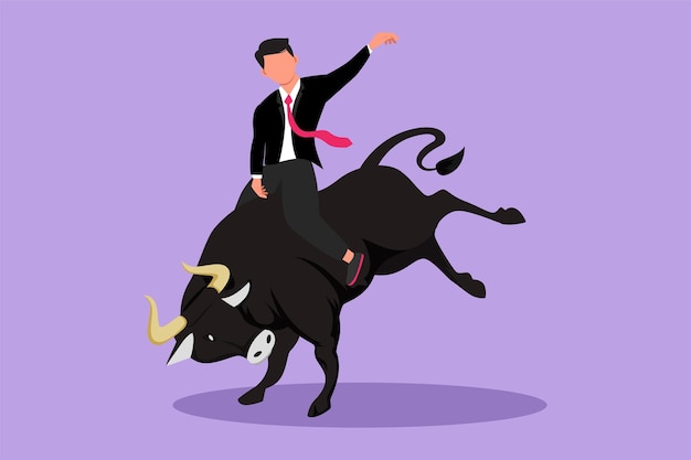 Vector cartoon flat style drawing businessman riding unicorn bull investment bullish stock market trading rising bonds trend successful business man business metaphor graphic design vector illustration