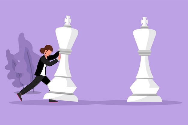 Cartoon flat style drawing of businesswoman pushes big king chess pieces to beat opponent king Business strategy marketing plan Strategic move in business concept Graphic design vector illustration