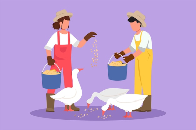 Cartoon flat style drawing couple farmers feeding geese or ducks to be healthy produce best eggs and meat Countryside farming Rural agricultural worker poultry Graphic design vector illustration