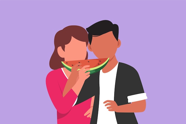 Cartoon flat style drawing cute young smiling couple eating watermelon on outdoor having fun Celebrate wedding anniversaries and enjoy romantic lunch at restaurant Graphic design vector illustration