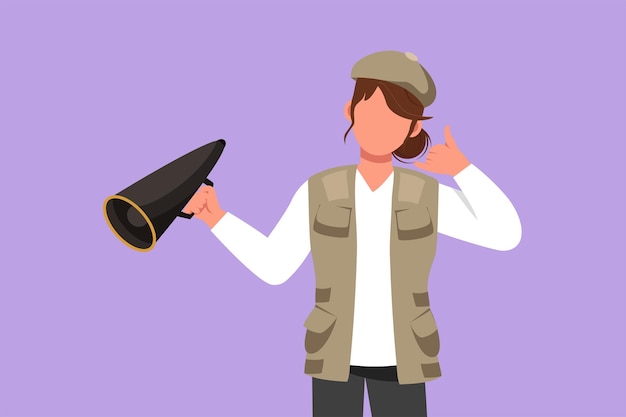 Cartoon flat style drawing female film director holding megaphone with call me gesture wearing vest cap while set film crew for shooting romance movie in studio Graphic design vector illustration