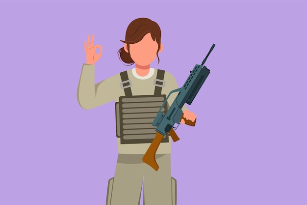 Cartoon flat style drawing female soldier in full uniform holding weapon with okay gesture and ready to defend country on battlefield against enemy Army on duty Graphic design vector illustration