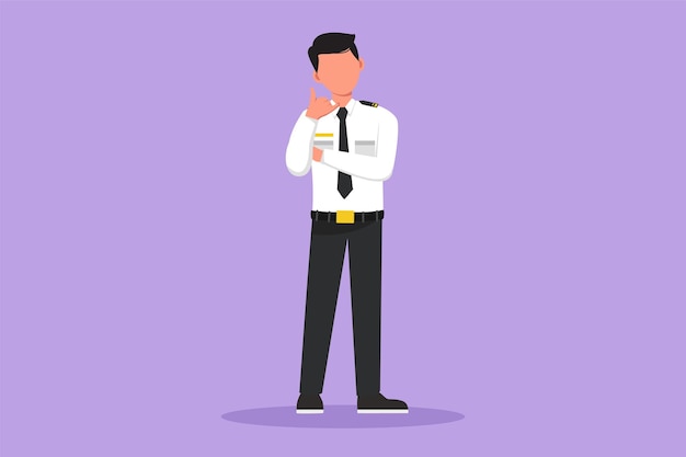 Cartoon flat style drawing of flight attendant or steward standing in uniform with call me gesture prepare at airport for flying and serve passengers to destination Graphic design vector illustration