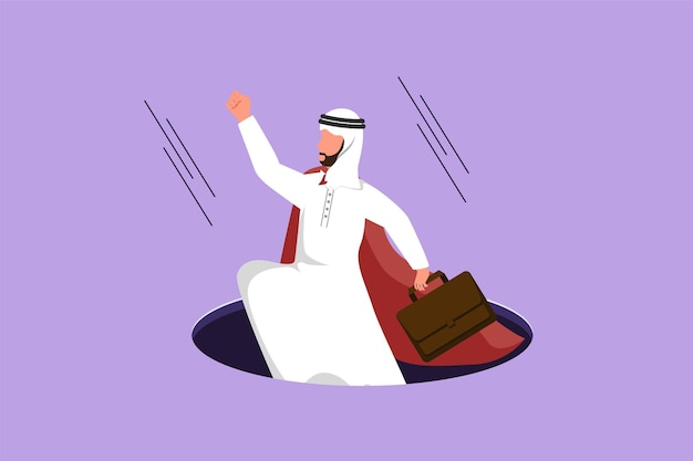 Cartoon flat style drawing flying businessman with wing and briefcase coming out of holes Arabian male manager leading financial rising from hole Business growth Graphic design vector illustration