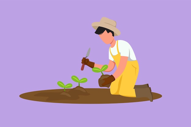 Cartoon flat style drawing of happy young male farmer planting plant shoots in the ground Start the planting tree period Success farmer with organic natural crop Graphic design vector illustration