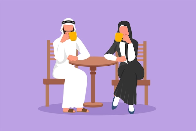 Cartoon flat style drawing loving couple is drinking coffee in cafe Arabian man and woman are sitting at table in cozy restaurant Breakfast morning daily concept Graphic design vector illustration