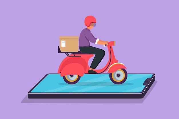 Cartoon flat style drawing male courier deliver packages using scooter and ride on smartphone screen Ecommerce Fast delivery parcel Online store transportation Graphic design vector illustration