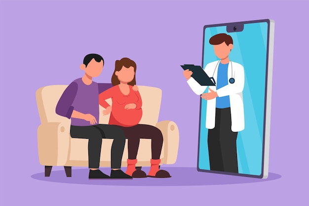 Cartoon flat style drawing male doctor comes out from smartphone screen facing and gives consultation to couple patient with pregnant wife Online digital medical Graphic design vector illustration