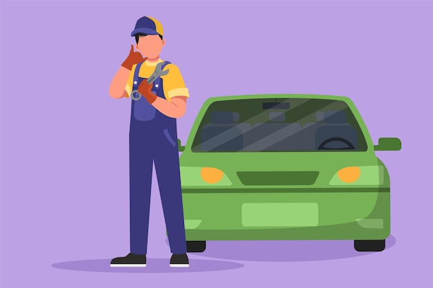 Cartoon flat style drawing male mechanic standing in front of car with call me gesture and holding wrench to perform maintenance on vehicle engine or transportation Graphic design vector illustration