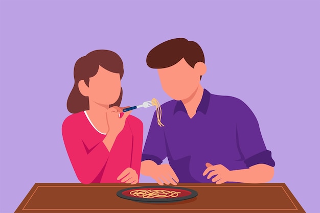 Cartoon flat style drawing man and woman eating pasta together Young happy couple characters sitting at table eating fresh Italian cuisine pasta noodles fast food Graphic design vector illustration