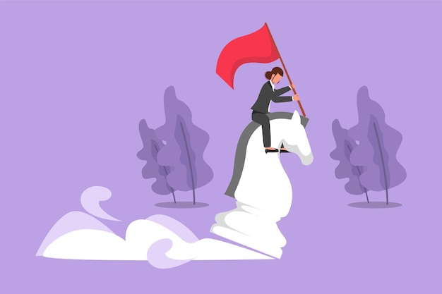 Cartoon flat style drawing motivation businesswoman riding big chess horse knight and holding flag strategy goals competitive strategic move in business concept Graphic design vector illustration