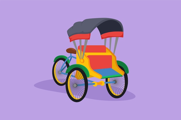 Cartoon flat style drawing pedicab with three wheels and passenger seat at front and driver control at the rear often found in Indonesia Traditional transportation Graphic design vector illustration