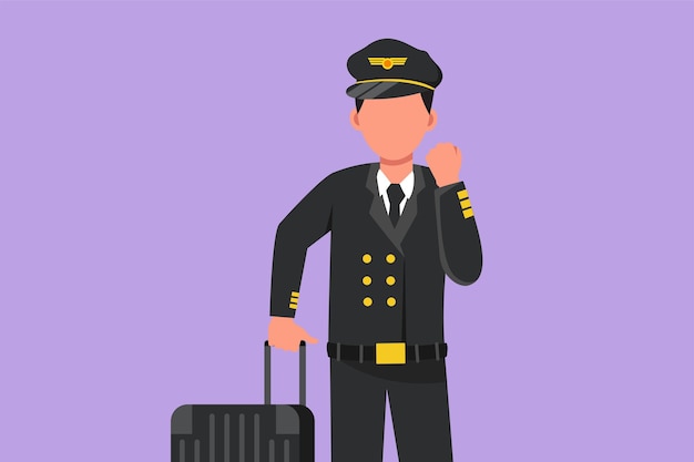 Cartoon flat style drawing pilot with celebrate gesture and full uniform is ready to fly with cabin crew with aircraft at airport Airline travel or plane industry Graphic design vector illustration