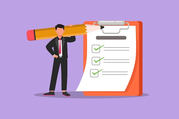 Cartoon flat style drawing positive businessman with huge pencil on his shoulder nearby marked checklist on clipboard paper Successful completion of business tasks Graphic design vector illustration