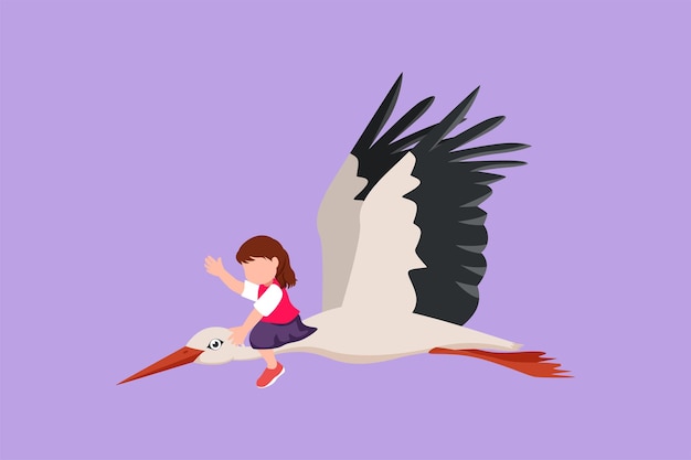 Cartoon flat style drawing pretty little girl flying with stork Cheerful child fly and sitting on back stork bird at sky Adorable kids learning to ride cute stork Graphic design vector illustration