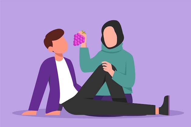 Cartoon flat style drawing romantic couple having picnic in summer park Relaxing together sitting on ground Arabian woman feeding grapes fruit to man at outdoor Graphic design vector illustration