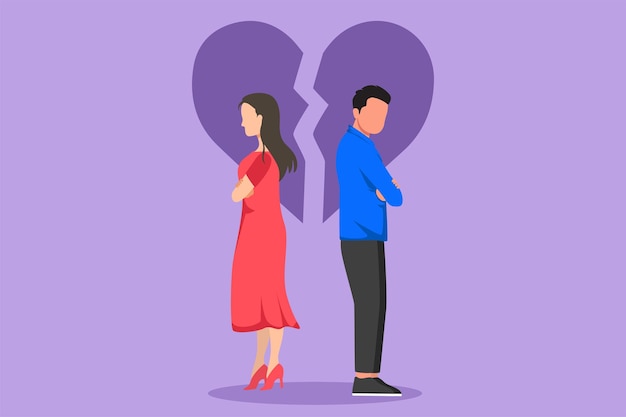 Vector cartoon flat style drawing unhappy young couple standing arms crossed family conflict break up relationship married man and woman angry sad against broken heart graphic design vector illustration