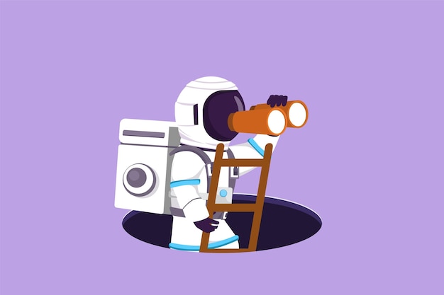 Cartoon flat style drawing young astronaut climbs out of hole by ladder and using binocular in moon surface Looking for opportunity Cosmonaut deep space concept Graphic design vector illustration