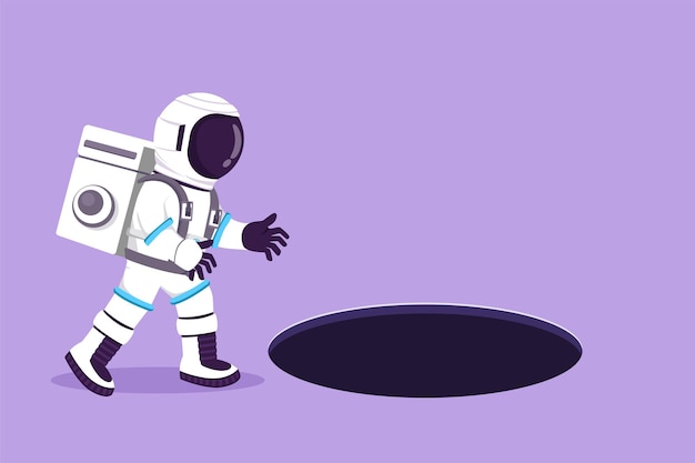 Cartoon flat style drawing young astronaut looking at black hole in moon surface Spaceman wondering and looking big hole exploration Cosmonaut deep space concept Graphic design vector illustration