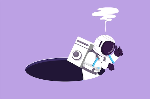 Cartoon flat style drawing young astronaut trying to get out from hole in moon surface Metaphor to facing big problem Exploration struggles Cosmonaut deep space Graphic design vector illustration