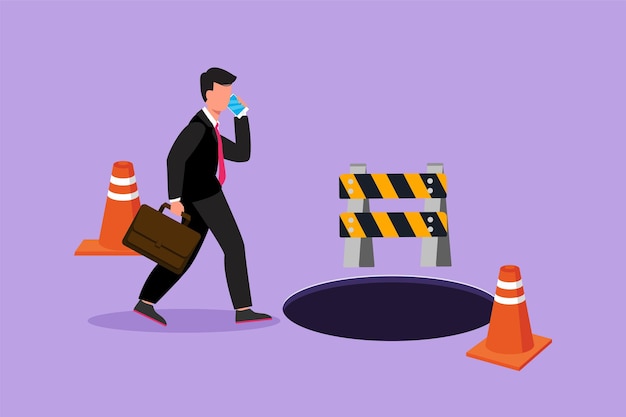 Cartoon flat style drawing young businessman talking on cell phone and he does not see the hole in front Male manager using smartphone and walks to business trap Graphic design vector illustration