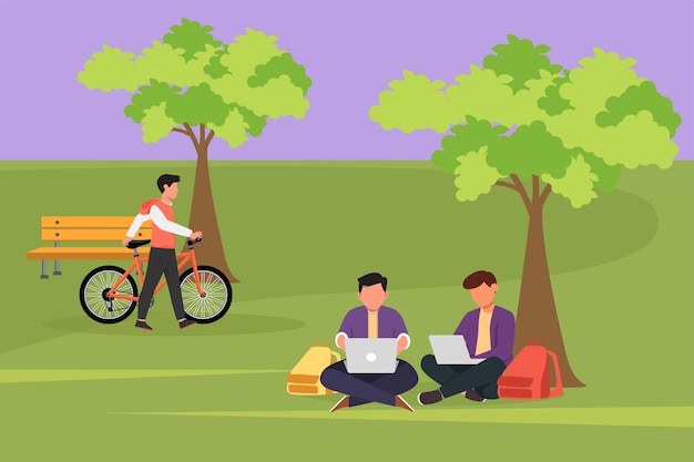 Cartoon flat style drawing young businessman using laptop and sitting on grass at park Team freelancer working or studying together Man walking with his bicycle Graphic design vector illustration