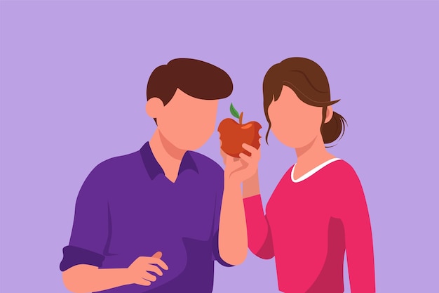 Cartoon flat style drawing young couple sharing apple Man giving red fruit of knowledge wisdom mutual trust kindness and support between teens Providing love Graphic design vector illustration