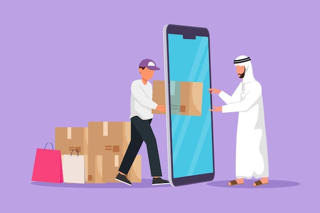 Cartoon flat style drawing young male courier deliver box package and through smartphone screen to Arab man customer Online delivery service Online store metaphor Graphic design vector illustration